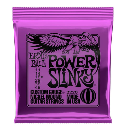 Ernie Ball 2220 Power Slink electric guitar strings in purple packaging