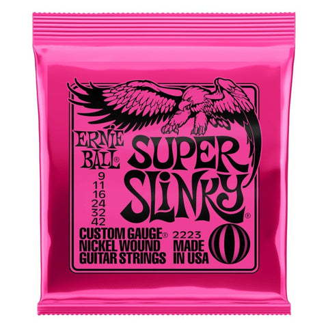 2223 Ernie Ball Super Slinky 09-42 electric guitar strings in pink packet