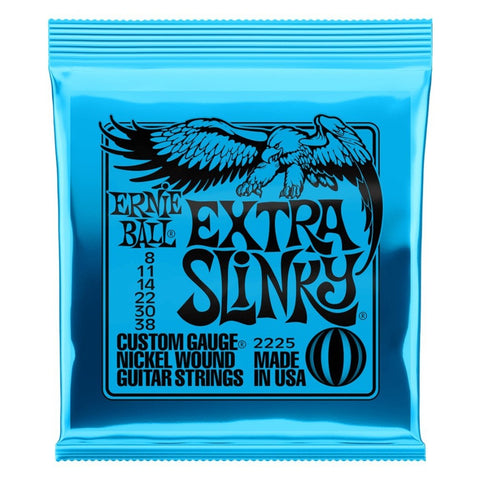 Ernie Ball 2225 Extra Slinky 08-38 electric guitar strings in blue packaging