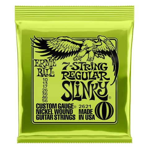 Ernie Ball 2621 7 String Regular Slinky electric guitar strings in green packaging