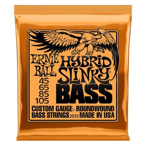 Ernie Ball 2833 Hybrid Slinky Bass guitar strings in orange packaging
