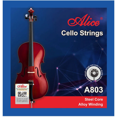 Alice A803 cello strings front of packet with sticker of authenticity
