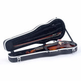 Crossrock CRA800SVBK shaped violin hard case with violin inside and velcro strap secured around the neck