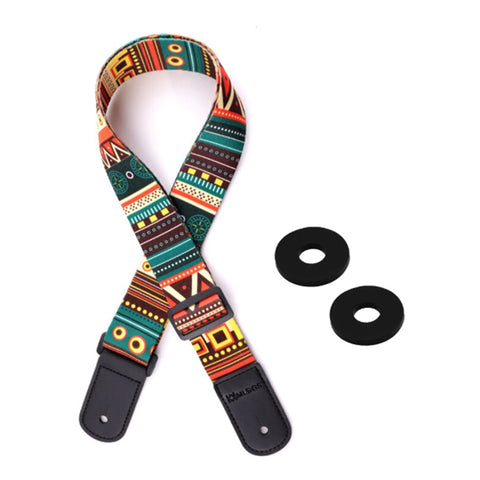 Guitar style ukulele strap with colourful pattern with two black rubber strap locks