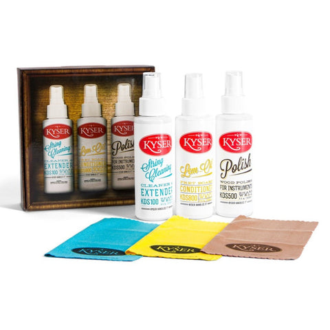 Kyser 3 pack guitar and fretboard cleaner, polish and string cleaner with 3 coloured cloths