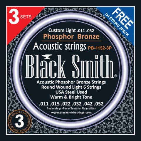 PB-1152-3P BlackSmith 3 pack phosphor bronze acoustic guitar strings 11/52 gauge front of packet