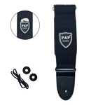Black P&P Music guitar strap with black ends, two black rubber strap locks and a black tie lace