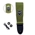 Green P&P Music guitar strap with black ends, two black rubber strap locks and a black tie lace