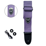 Purple P&P Music guitar strap with black ends, two black rubber strap locks and a black tie lace
