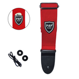 Red P&P Music guitar strap with black ends, two black rubber strap locks and a black tie lace