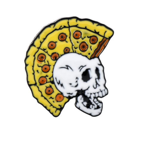 Enamel pin featuring human skull with mohawk made of pizza