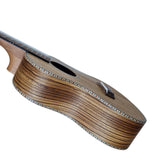 Persian UKTC-Zebra tenor ukulele with cutaway showing African pattern checkered binding on top and bottom