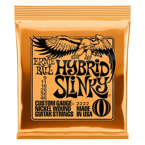 Ernie Ball 2222 Hybrid Slinky electric guitar strings with orange packaging