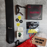 BlackSmith black leather strap, black strap locks, black capo, 3 pack 09/42 nickel wound electric guitar strings, BlackSmith yellow pick, Aroma digital chromatic tuner and Christmas stocking. $126 value for $99