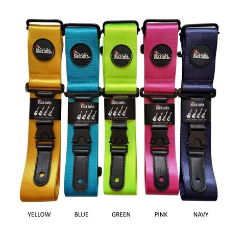 BlackSmith nylon quick release guitar straps in yellow, blue, green, pink and navy blue