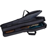 CRDG205DEGY Crossrock double electric guitar gig bag open with electric guitar inside bottom compartment