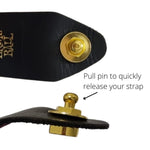 Schaller style gold guitar strap lock pin attached to strap