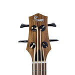 Persian UKB-ZEBRA bass ukulele headstock with black pegs and yellow brown Aquila Thundergut bass ukulele strings