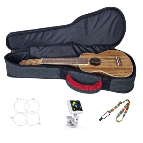 Persian concert ukulele sitting in grey gig bag with images of strings, tuner and strap