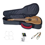 Soprano ukulele lying in grey gig bag, with images of strings, tuner and strap at the bottom