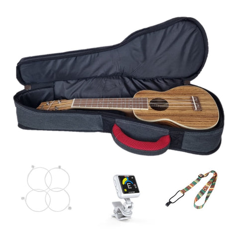 Soprano ukulele lying in grey gig bag, with images of strings, tuner and strap at the bottom