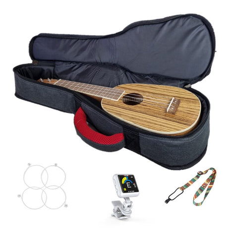 Persian pineapple ukulele lying in grey gig bag with images of strings, tuner and strap