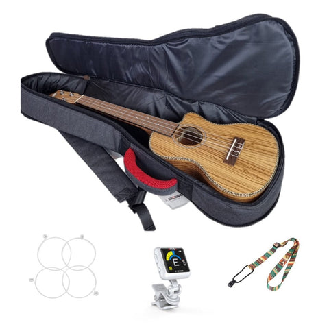 Tenor ukulele with cutaway sitting in grey gig bag, with images of strings, tuner and strap at the bottom